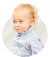 Patient ambassador Sawyer, a young toddler boy in a blue shirt